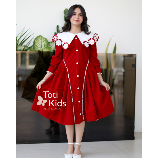 صورة فستان بناتي مخمل بـلونين | ياقة مرصعة بالفصوص وتفاصيل لؤلؤ - 1125